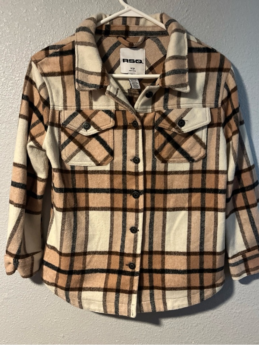 RSQ Wool Blend Beige Black Plaid Shacket Size Large Women